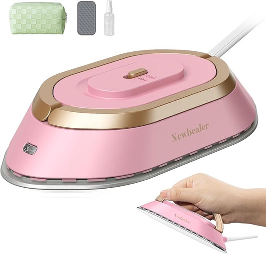 Newbealer Travel Iron Set, 100-240V Mini Dry Iron for Clothes (No Steam) | Max 300W, Heats in 60s, 302℉ Ceramic Soleplate, Handy Heat Press, 0.8lbs Lightweight for Quick Touch-ups Worldwide (Pink)