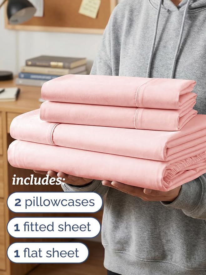 Twin XL 4 Piece Sheet Set - Comfy Breathable & Cooling - Ultra-Soft Hotel Luxury Bedding Set w/ 8-16 Inch Deep Pockets - 1 Flat & 1 Fitted Sheet & 2 Pillowcases - Wrinkle Free & Easy Care - Baby Pink
