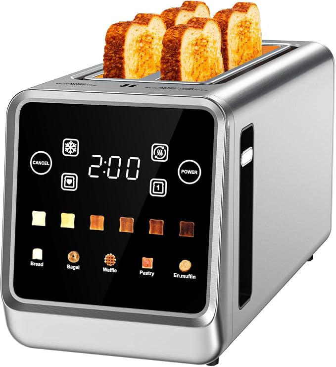 Long Slot Toaster 4 Slice with Touchscreen, 1400W Stainless Steel 2-Slot Smart Appliance Extra Wide 1.5 Inch, Single Mode BreadID Tech Timer for Bagel Waffle