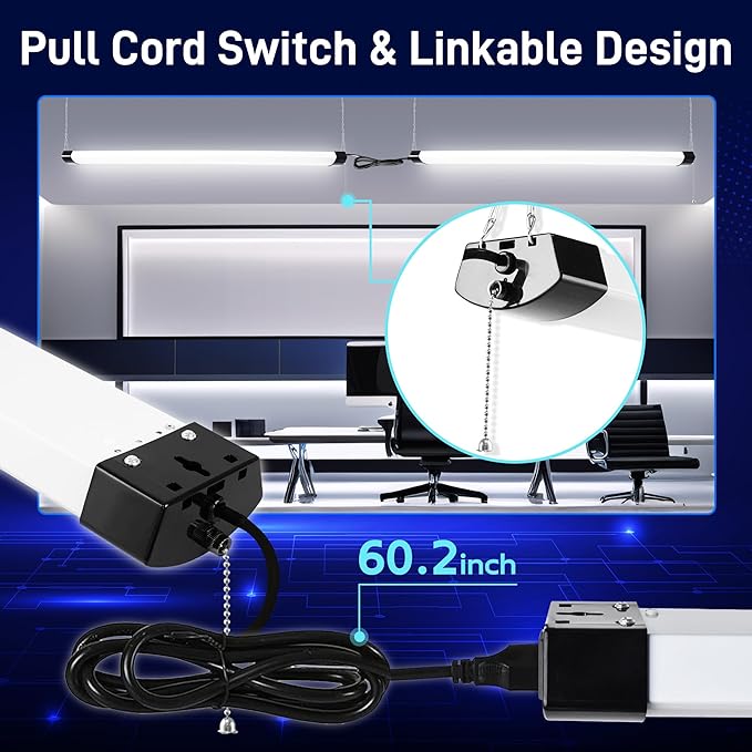hykolity 4FT 70W LED Shop Light Linkable, 8000lm(300w Equivalent), 5000K Utility Shop Lights for Garages, Workshops, Basements, Hanging or FlushMount, with Power Cord and Pull Chain, ETL, Black,1 Pack