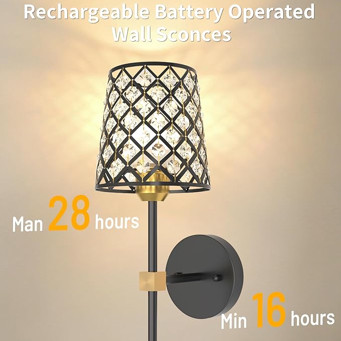 Crystal Battery Operated Wall Sconces Set of 2, Black and Gold Rechargeable Wireless Wall Sconce Lights for Home Decor, Dimmable 12 RGB and 3CCT Wall Lamps with Remote for Living Room Bedroom Hallway