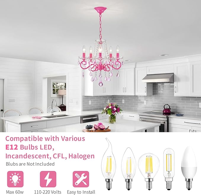Small Crystal Chandelier, Modern Pink Chandeliers for Dining Room Light Fixture, Mini Crystal Pendant Light Bedroom for Ceiling Light Fixture for Living Room Entryway Kitchen Island Hallway