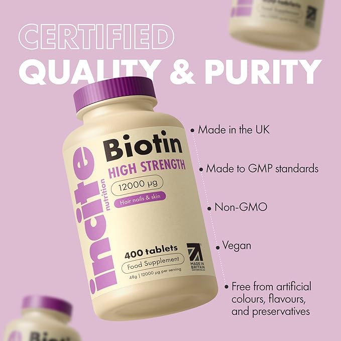 Incite Nutrition Biotin Supplement 12000mcg - +1 Year Supply - High Strength 400 Easy Swallow Tablets - Biotin Hair Growth Vitamins for Hair, Skin & Nails - Natural Vegan & GMO-Free - Made in UK