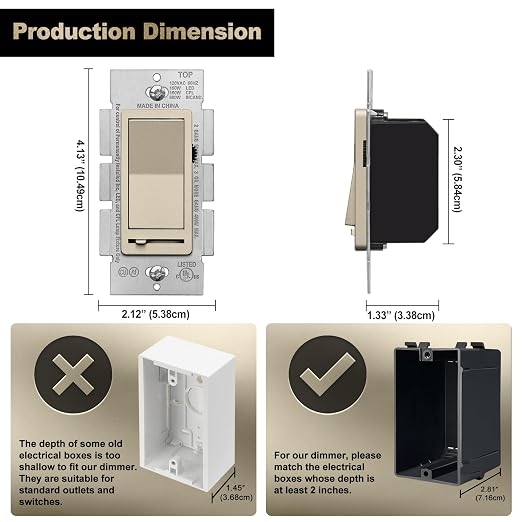 BESTTEN 10 Pack Matte Champagne Gold Dimmer Light Switch, Single Pole or 3-Way, Compatible with Dimmable LED, CFL, Incandescent and Halogen Bulb, 120VAC, Signature Collection, UL Listed