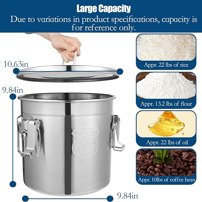 3.17Gal/12L Stainless Steel Airtight Canister, Airtight Food Storage Container with Lid and Lock Clips, 304 Stainless Steel Bucket for Rice, Flour, Grain, Coffee Bean