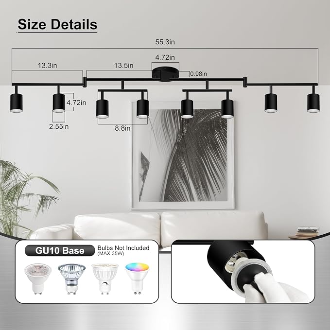 AUQUEE 8 Light Track Lighting Fixtures Ceiling, Matte Black Kichen Track Lighting Fixtures, Rotatable Light Heads, Adjustable Modern LED Track Lights for Kitchen/Hallway, No GU10 Bulb