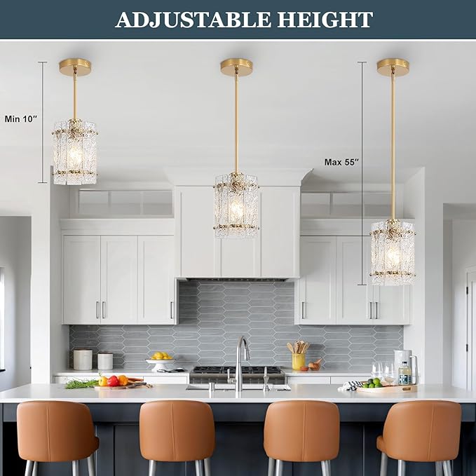 Gold Pendant Lights Kitchen Island, Water Ripple Round Pendant Lights Adjustable Modern Hanging Pendant Light Fixtures for Kitchen Island Dining Room Above Sink Foyer Entryway 2 Pack