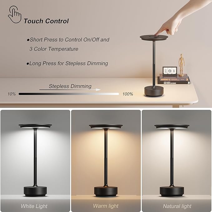 TBBGA 1 Pack Cordless Rechargeable Table Lamps, Portable 5000mAh Restaurant Table Lamp, 3 Color Stepless Dimming LED Table Light with Memory Function, for Outdoor/Dinner/Patio/Camping.(Black)