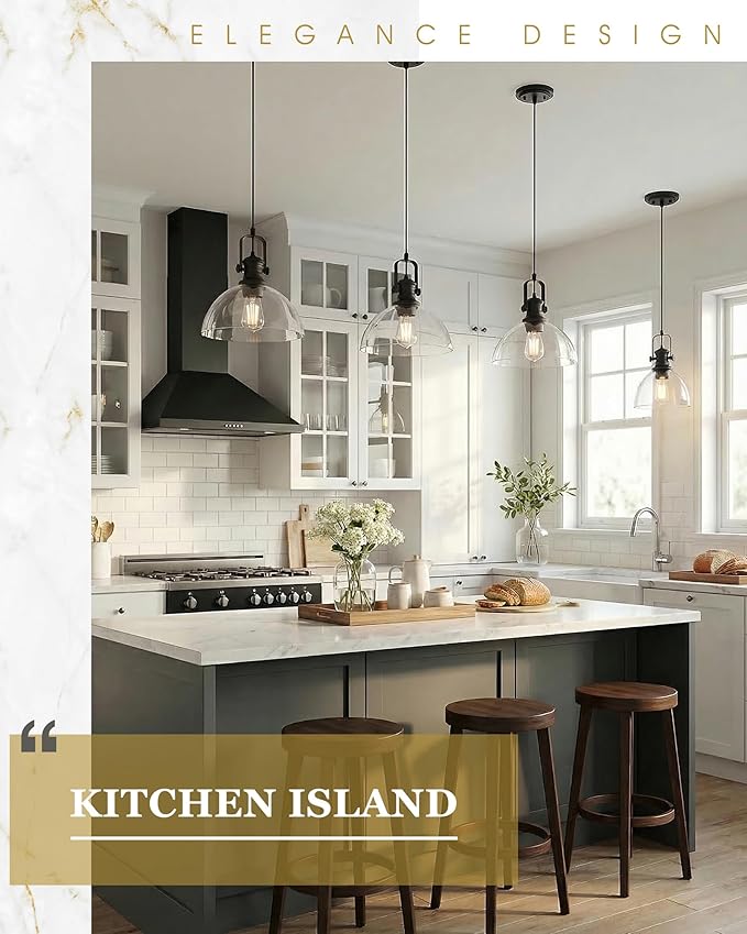 Black Pendant Lights Kitchen Island, 7.5" Farmhouse Pendant Lighting with Clear Glass Shade, Vintage Hanging Light Fixtures for Dining Room Entryway, Adjustable Cord, AD-22151-1P-BK-C