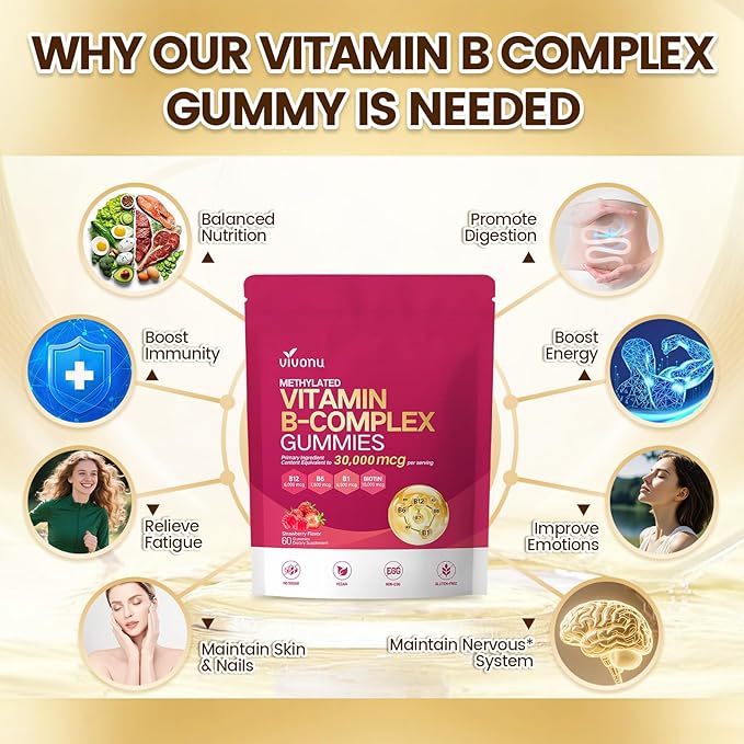Gummies de Complexe de Vitamines B VivoNu, 6000 mcg de Vitamine B12 Méthylée, avec B6 B1, B2, B3, B5, B7, Méthylfolate, Vitamines A C D E, Véganes, Sans OGM, Vitamine B Complexe Méthylée (2 Sacs)