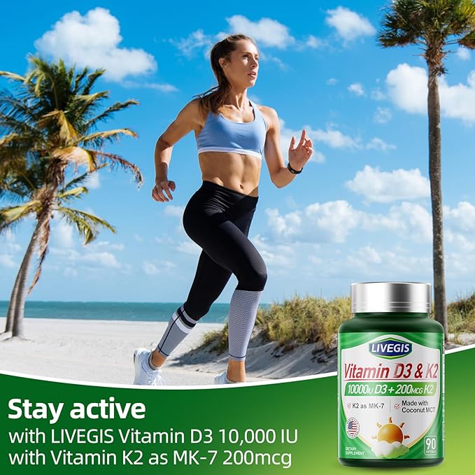Gélules de Vitamine D3 K2, D3 10000 UI avec K2 (MK-7) 200 mcg avec Huile de Coco, Gélules faciles à avaler 2 en 1 Vitamines D & K, Soutient l'absorption du Calcium, la santé Immunitaire et Cardiaque - 90 Comprimés
