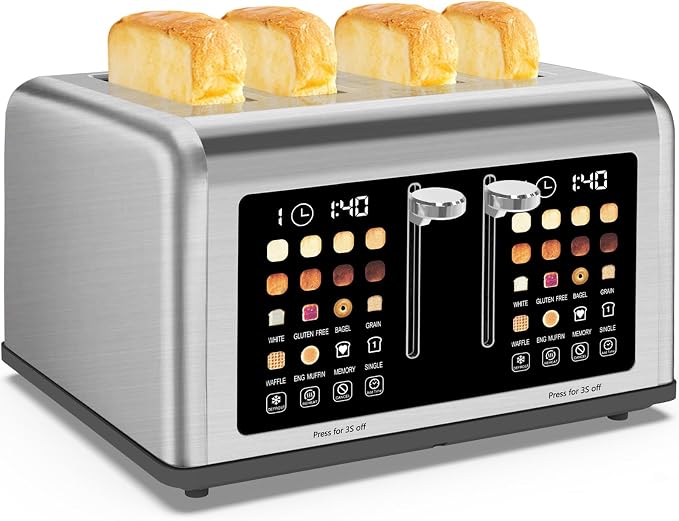 4 Slice Toaster Touch Screen, Stainless Steel Toasters Digital Timer, Dual Control Panel Toasters, 8 Shade Settings 6 Bread Types for Bagel, Cancel, Defrost 1650W
