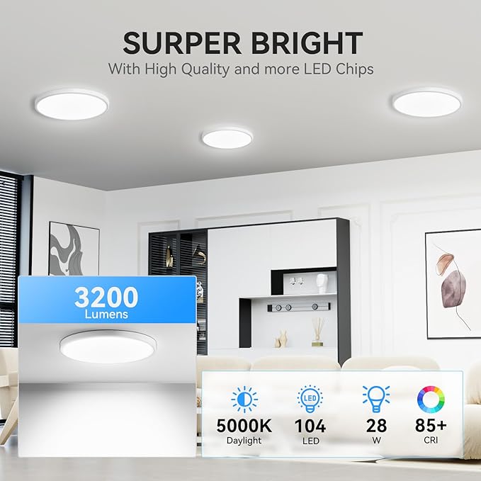 WKONCLDY 3200lm LED Flush Mount Ceiling Light, Super Slim 12 inch LED Ceiling Light, 5000K LED Ceiling Light for Bedroom, Living Room, Dining Room, Garage, Office (White, 8 Pack)