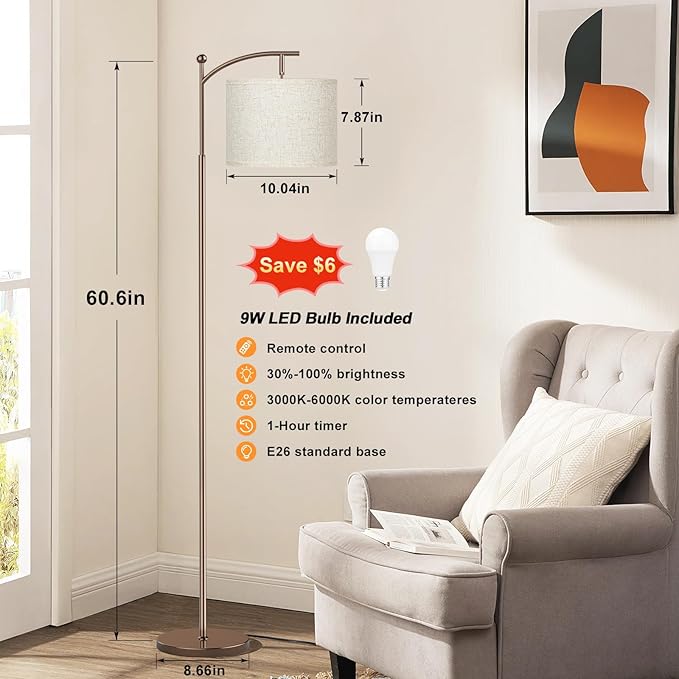 Ambimall 60" Floor Lamp with Remote Control and Stepless Dimmable Bulb, Colors Temperature & Brightness Adjustable, Modern Floor Lamps for Living Room, Beige Shade & Brown Pole