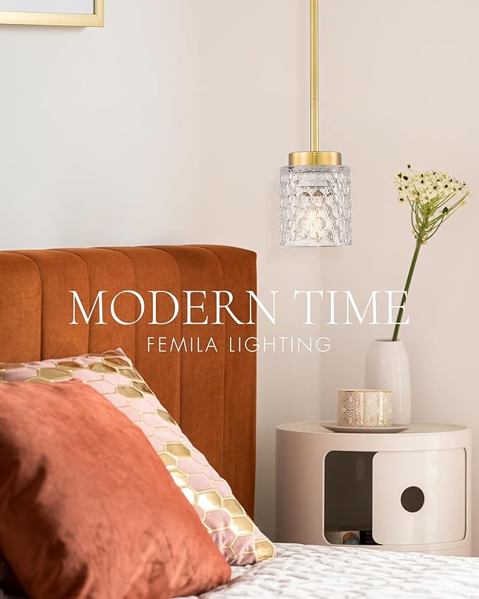 FEMILA Gold Pendant Light, 4" Pendant Light Fixtures, Kitchen Island Lighting, Hammered Glass, E26 Base, 4FY86MIL BG
