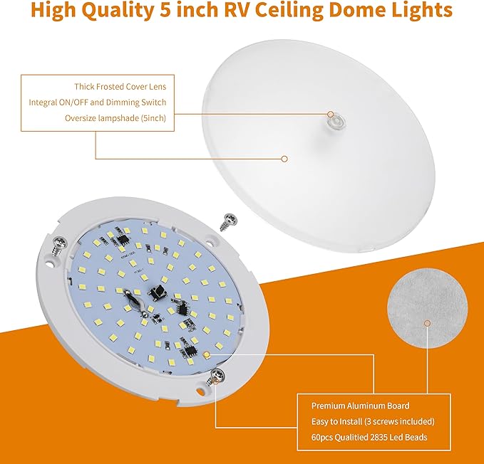 RVZONE RV Lights Interior, 5 Inch Cool White RV LED Ceiling Puck Light Dimmable 12V Camper Puck Lights 6000-6500k Transparent Frosted 4.5W LED Ceiling Dome Light for Camper Van Trailer Boat, 5-Pack
