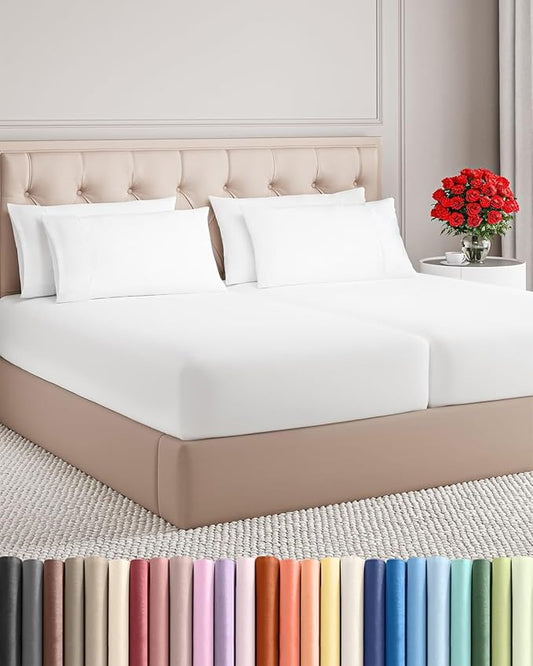 Split King 7 Piece Sheet Set - Comfy Breathable & Cooling - Ultra-Soft Hotel Luxury Bedding Set w/ 8-16 Inch Deep Pockets - 1 Flat & 2 Fitted Sheet & 4 Pillowcases - Wrinkle Free & Easy Care - White