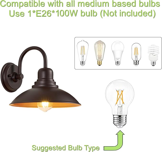 GOLDHILL 10.5" Bronze Gooseneck Metal Outdoor Barn Light, Powder Coated Farmhouse Porch Light with Gold Interior, Wet Location Rated Exterior Sconce for Porch, Garage, Bathroom Vanity