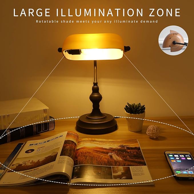 Banker Desk Lamp Touch Control, Vintage Banker's Desk Lamp with USB-A Port, 3 Way Dimmable Desk Lamps, Farmhouse Library Lamp Oil Rubbed Bronze for Office, Study Room