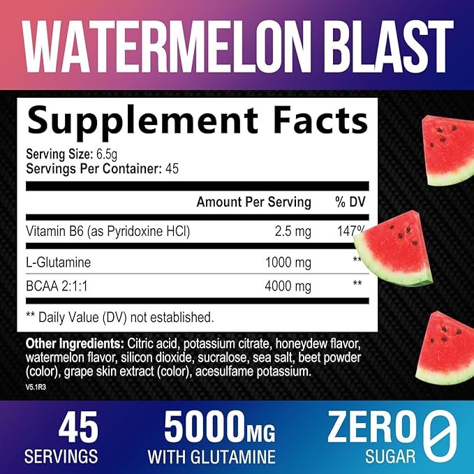 Post Workout Recovery Powder with BCAA - Extra Strength Muscle Recovery Drink Mix with L-Glutamine & Amino Acids - Sugar Free After Workout Hydration Powder Supplement - Watermelon Blast - 45 Servings