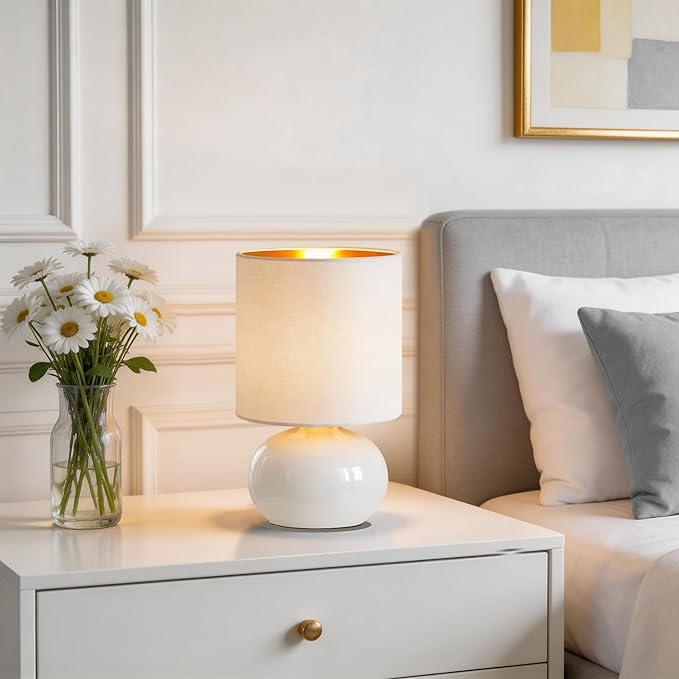 Hamucd Ceramic Table Lamps Set of 2, Modern Classic Bedside Lamps for Nightstand, Small Table Lamp for Bedroom Living Room Desk End Table (White)
