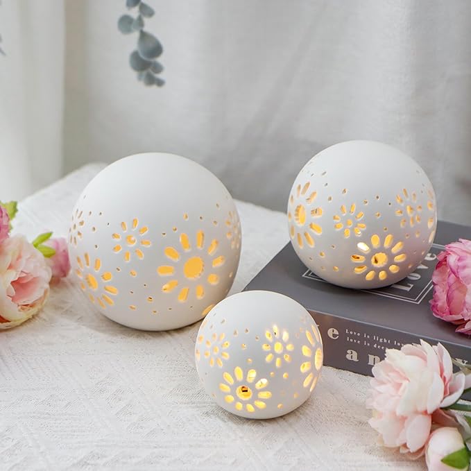 JHY DESIGN Set of 3 Ceramic Decorative Lamp 5" H Battery Powered Lamp Floral Carved Cordless Lamp Great for Living Room Bedroom Weddings Parties Patio Events (White)