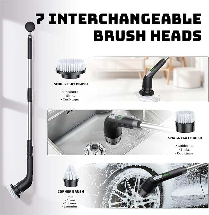 Highyes Electric Spin Scrubber, Powerful 2-Speed Cleaning Brush, | IPX7 Waterproof with 7 Reusable Brush Heads & Extendable Handle, for Bathroom Toilet Shower Kitchen Wall Tile Floor Grout