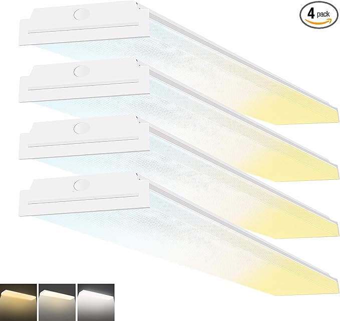 FAITHSAIL Dimmable 4FT LED Wraparound Light, 3 CCT 3000K/4000K/5000K, 30W/40W/50W, 3500lm/4600lm/6000lm, 4 Foot Led Shop Light & Kitchen LED Light Fixture, 48 Inch Flush Mount Light Fixture, 4 Pack