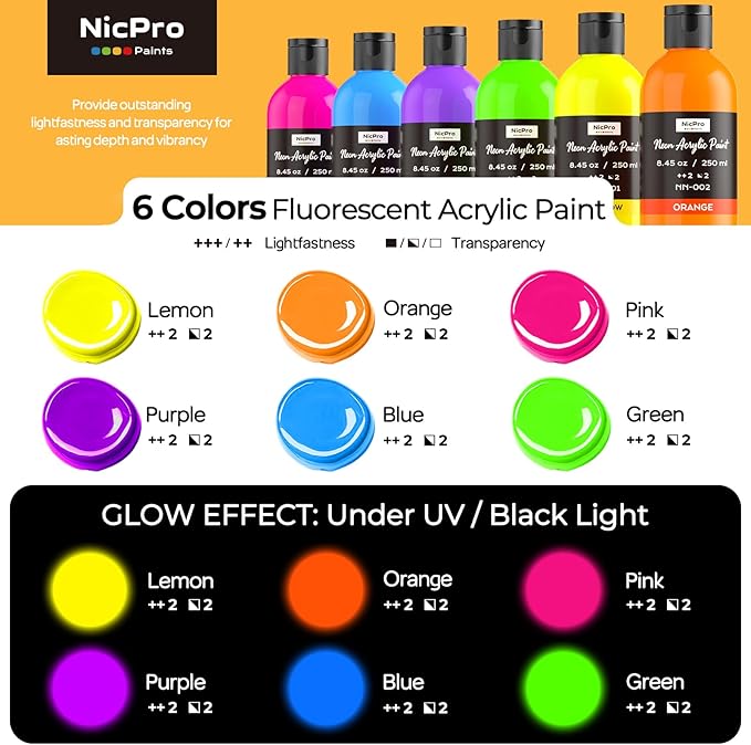 Nicpro 6 Colors Fluorescent Acrylic Paint Set (8.45 oz), Glow in the Black Light, Non-Toxic & Vibrant Neon Paint for Neon Party Decoration, DIY Project on Multi-Surface, Canvas, Rock, Wood, Craft