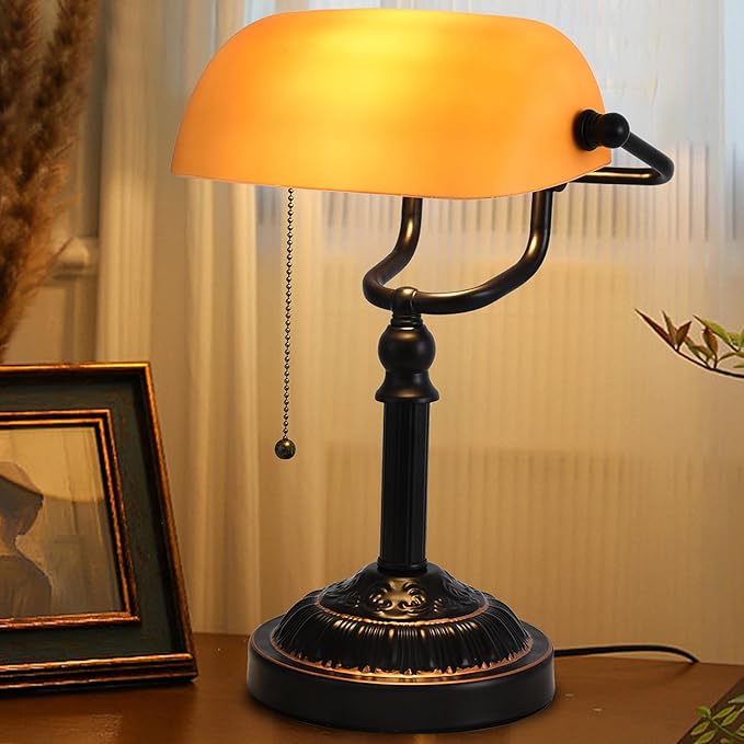 Bankers Desk Lamp with USB-A Port, Rustic Desk Lamp Pull Chain with Yellow Glass Shade, Vintage Banker's Desk Lamp Oil Rubbed Bronze for Home Office Library