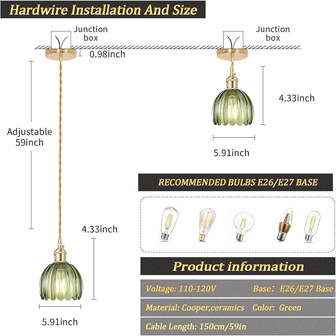 Shenmoyl Pendant Light 2 Pack with Green Tulip Glass Lmapshade, Brass Vintage Pendant Light Adjustable Hanging Light for Kitchen Island Dining Room Hallway