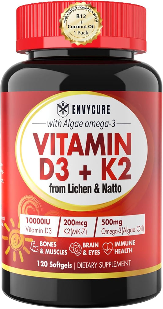 Vitamine D3 K2 Végétale en Gélules - Vit D3 10000 UI + Vitamine K2 Mk7 200 Mcg, Oméga-3 d'Algues, Magnésium, Vitamine B12 pour les Os et les Muscles, Soutien Immunitaire, Absorption Maximale, Facile à Avaler 1 paquet