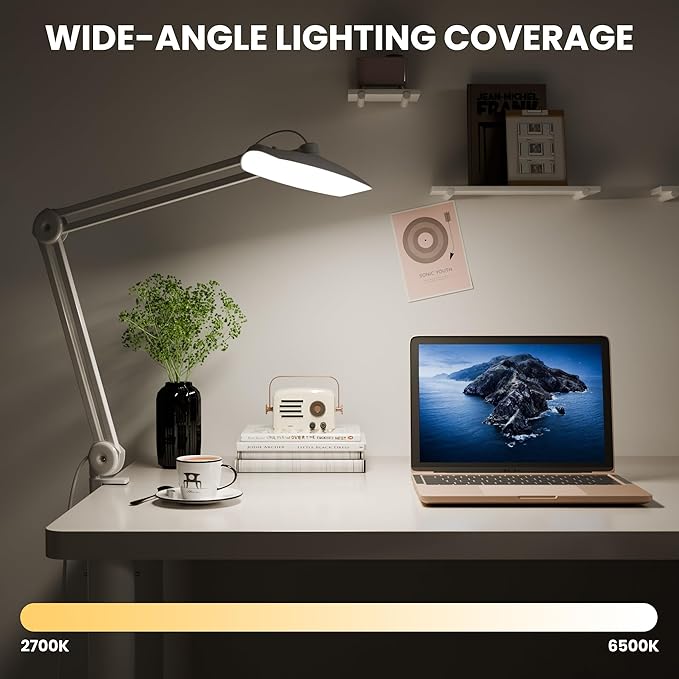 3000 Lumens Adjustable LED Desk Lamp & Task Lamp - Bright, Dimmable Lighting for Office, Crafts, Nails &Salon with Clamp kunzl (CCT, White)