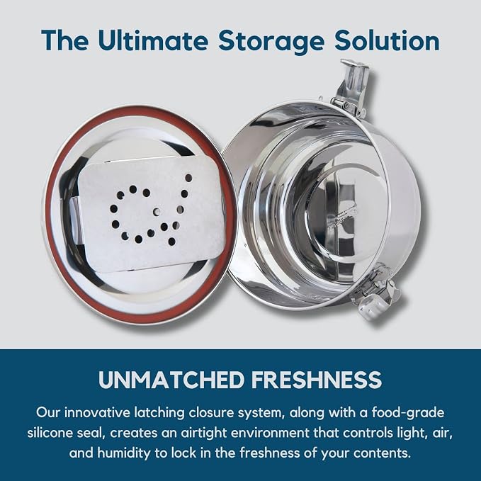 CVAULT | 1/4 lb Container | Air Tight & Light Resistant | Food Grade Stainless Steel | Includes 62% RH humidity pack
