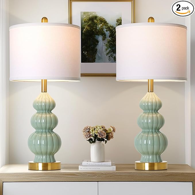 Cinyirong 28" Green Ceramic Table Lamps Set of 2, Modern Bedside Lamps for Night Stands, Triple Gourd Table Lamp for Living Room End Table or Bedroom Nightstand (2 LED Bulbs Included)