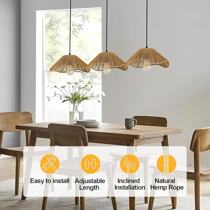 Bobo 3 Light Pendant Light, Hard Wired Hanging Chandelier with 12” Flower Paper Rope Rattern Shade,Suspended Lighting Fixture for for Kitchen Island Dining Bedroom Living Room Restaurants