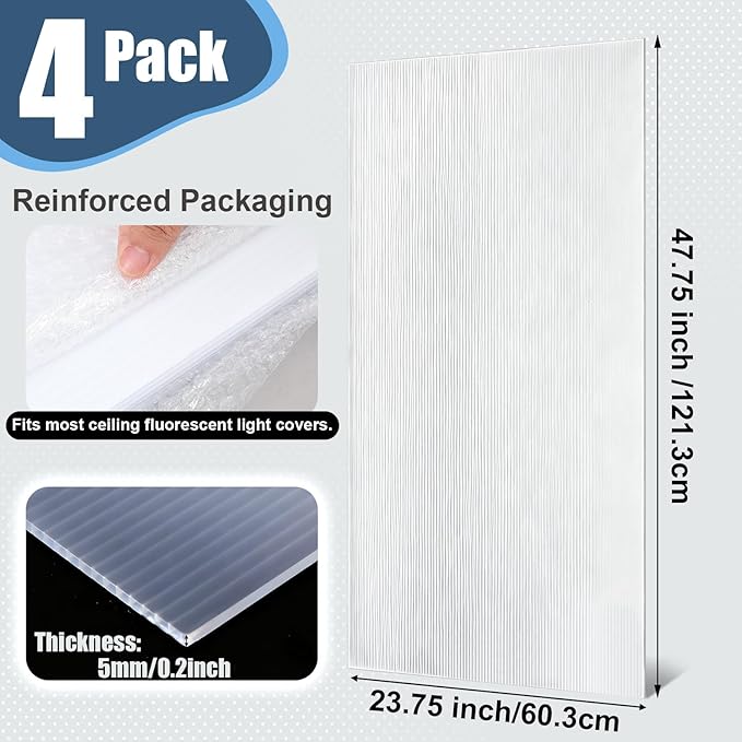 Pushglossy 4 Pack 23.75" x 47.75" x 0.2" Fluorescent Light Covers Classroom Office Diffuser Panels for 2x4ft Drop Ceiling Light Fixture Polycarbonate Replacement Cover for Hospital Home (Clear)