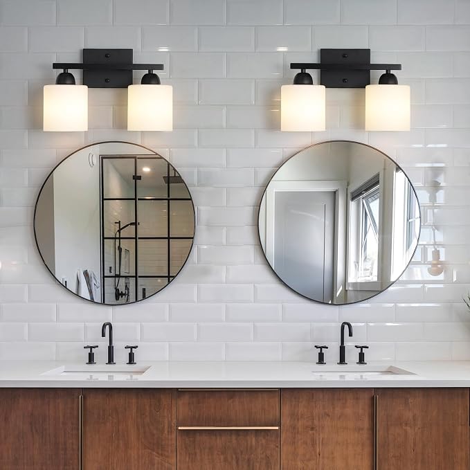 Mecgirn Milk Glass Vanity Lights for Bathroom, 2 Light Matte Black Bathroom Light Fixtures Over Mirror, Ceramic E26 Sockets Wall Mounted