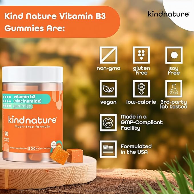kindnature ビタミンB3ナイアシンアミドグミ 500mg – フラッシュフリーナイアシンサプリメント – 肌、エネルギー、神経系の健康をサポート – ヴィーガン、非遺伝子組み換え、グルテンフリー、大豆不使用 – 90粒