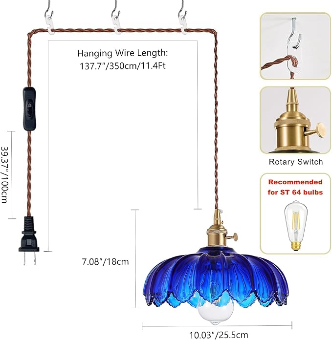 XZHGCEE Plug in Pendant Light: Bule Hanging Light Plug in Fixture Hanging Lamp, Glass Pendant Lighting for Kitchen Island, Bedroom, Dining Room, Living Room, E26 No Bulb