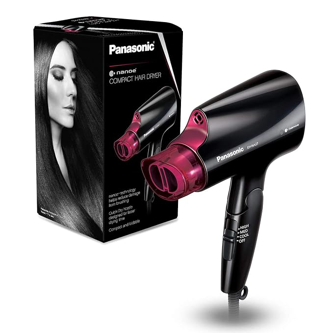 Panasonic nanoe Compact Hair Dryer for Healthy-Looking Hair, 1400W Portable, Folding Handling and Quickdry Nozzle for Fast Drying – EH-NA27-K (Black/Pink)