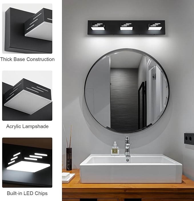 Joosenhouse 3-Light Black Bathroom Vanity Light, 5CCT Dimmable Bathroom Lighting fixtures, LED Vanity Lights Above Mirror 23.6 Inch 24W Makeup Mirror Lights