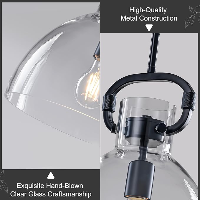 9.8'' Farmhouse Glass Pendant Lights Kitchen Island, 1-Light Modern Black Kitchen Island Lighting, Pendant Light Fixtures for Dining Room Bedroom Over Table, E26