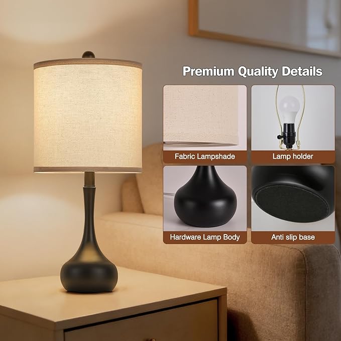 23" Farmhouse Table Lamp Set of 2, Rustic Metal Bedside Lamps for Bedroom, Living Room, Office, Dorm - 3-Way Color Changing, Bulb Included, Home Decor