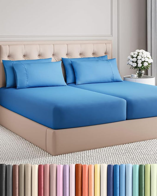 Split King 7 Piece Sheet Set - Comfy Breathable & Cooling - Soft Hotel Luxury Bedding Set with 8-16 Inch Deep Pockets - 1 Flat & 2 Fitted Sheet & 4 Pillowcases - Wrinkle Free & Easy Care - Royal Blue