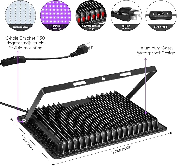 XYCN 4 Pack 250W LED Flood Black Lights,395nm to 405nm UV Outdoor Flood High Power Blacklight Light with Plug in, IP66 Waterproof Large Black Light Spotlight for Glow Party Large Space, Halloween