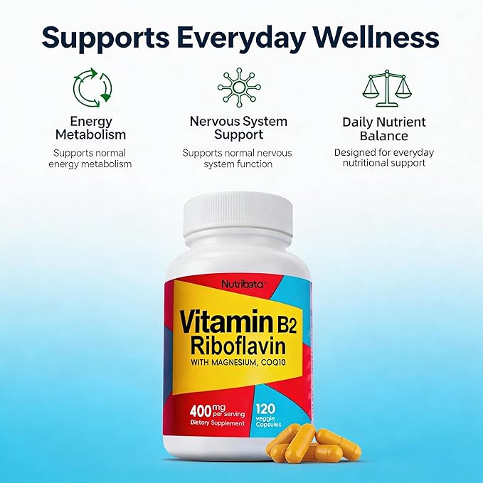 ビタミンB2リボフラビン400mg、マグネシウム＆CoQ10配合、高効能ビタミンB2サプリメント、エネルギー代謝と毎日の健康維持に、植物性カプセル120粒、60日分