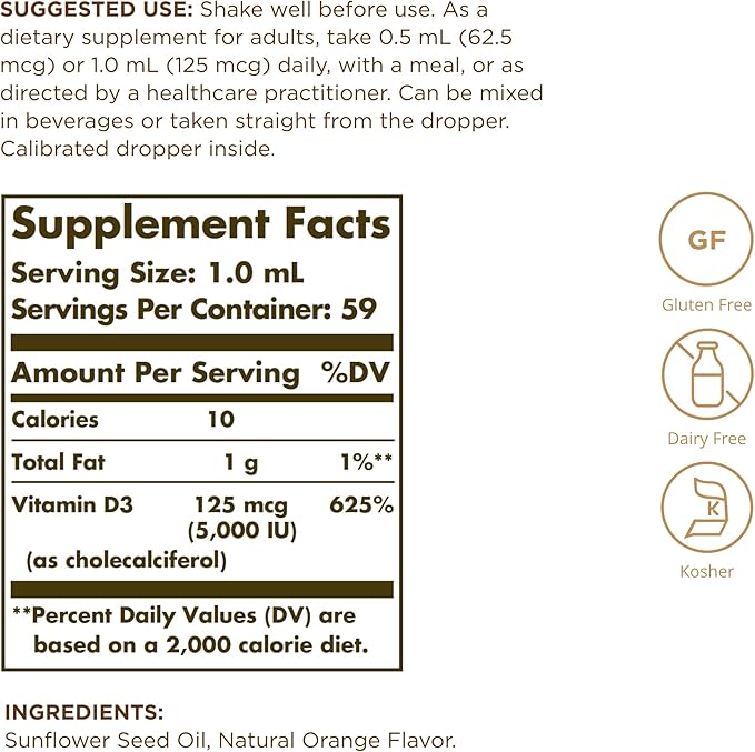 Solgar Liquid Vitamin D3 125mcg (5,000 IU) - 2 fl oz、2個パック - 天然オレンジ風味 - 骨と歯の健康維持をサポート - 免疫システムサポート - グルテン・乳製品不使用 - 総サービング数118