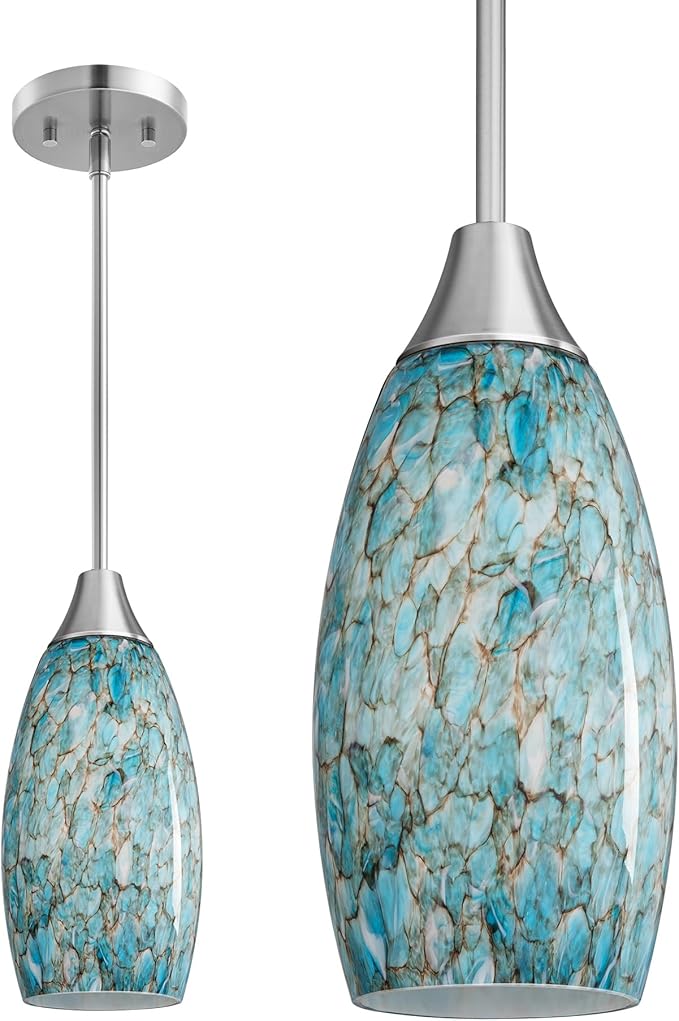 EDISHINE Pendant Light, Hand Blown Hanging Light Fixture, Adjustable Brushed Nickel Rods, 5.12" D x 11.4" H Shade, Blue Glass Pendant Lighting for Kitchen Island, Sink, Bathroom, Dining Room