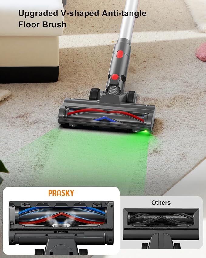 Cordless Vacuum Cleaner for Home, 6-in-1 Stick Vacuum Cordless Rechargeable with LED Display & Green Floor Lights, Lightweight Vacuum Cleaners for Home Pet Hair Hardwood Carpet - Silver